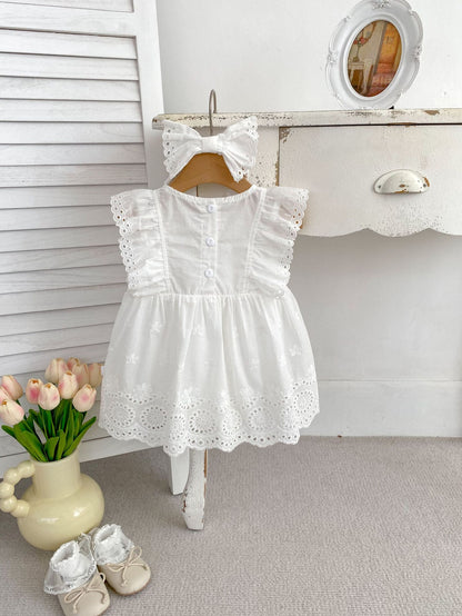 New Design Summer Girls Floral Embroidered Hollow Out Short Sleeves Onesies Dress