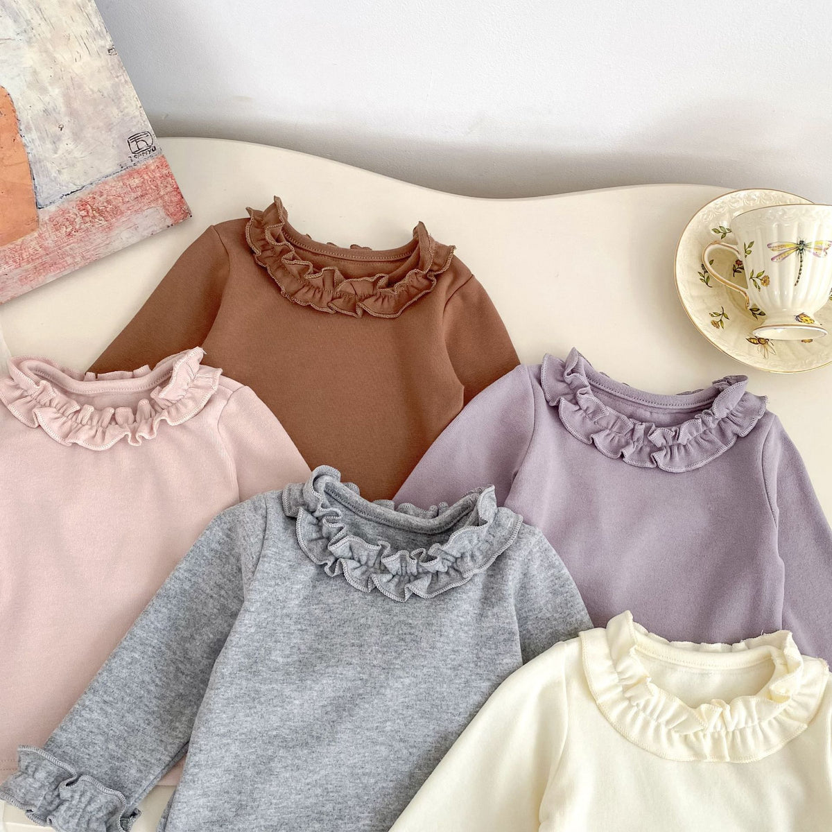 MyKids-USA® Spring and Autumn Baby Kids Girls Solid Color Ruffle Neck Long Sleeves Top