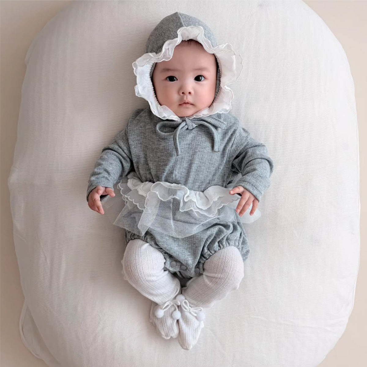 MyKids-USA® Autumn Arrival Baby Kids Girls Long Sleeves Solid Color Jacquard Lace Trim Bodysuit with Hat