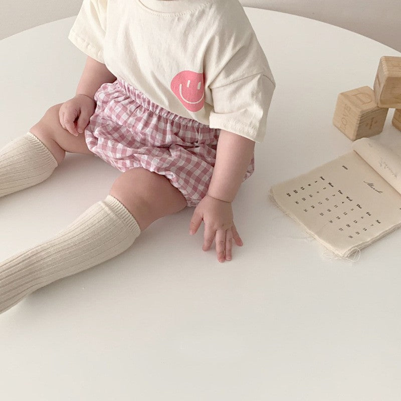 Summer Baby Kids Smiling Face Pattern T-shirt and Plaid Bloomers Clothing Set, MyKids-USA®, Baby & Toddler Outfits, MyKids-USA - - - - - - -