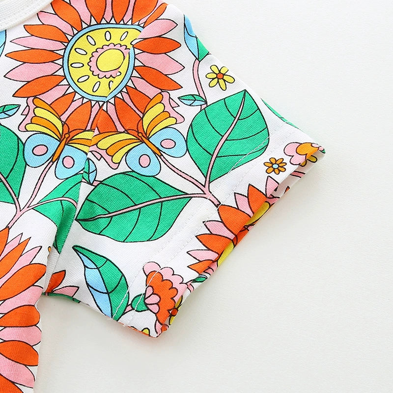 Summer Pure Cotton Colorful Flowers Pattern Short Sleeves Dress for Stylish Girls, MyKids-USA®, Baby & Toddler Dresses, MyKids-USA - - - - - - -
