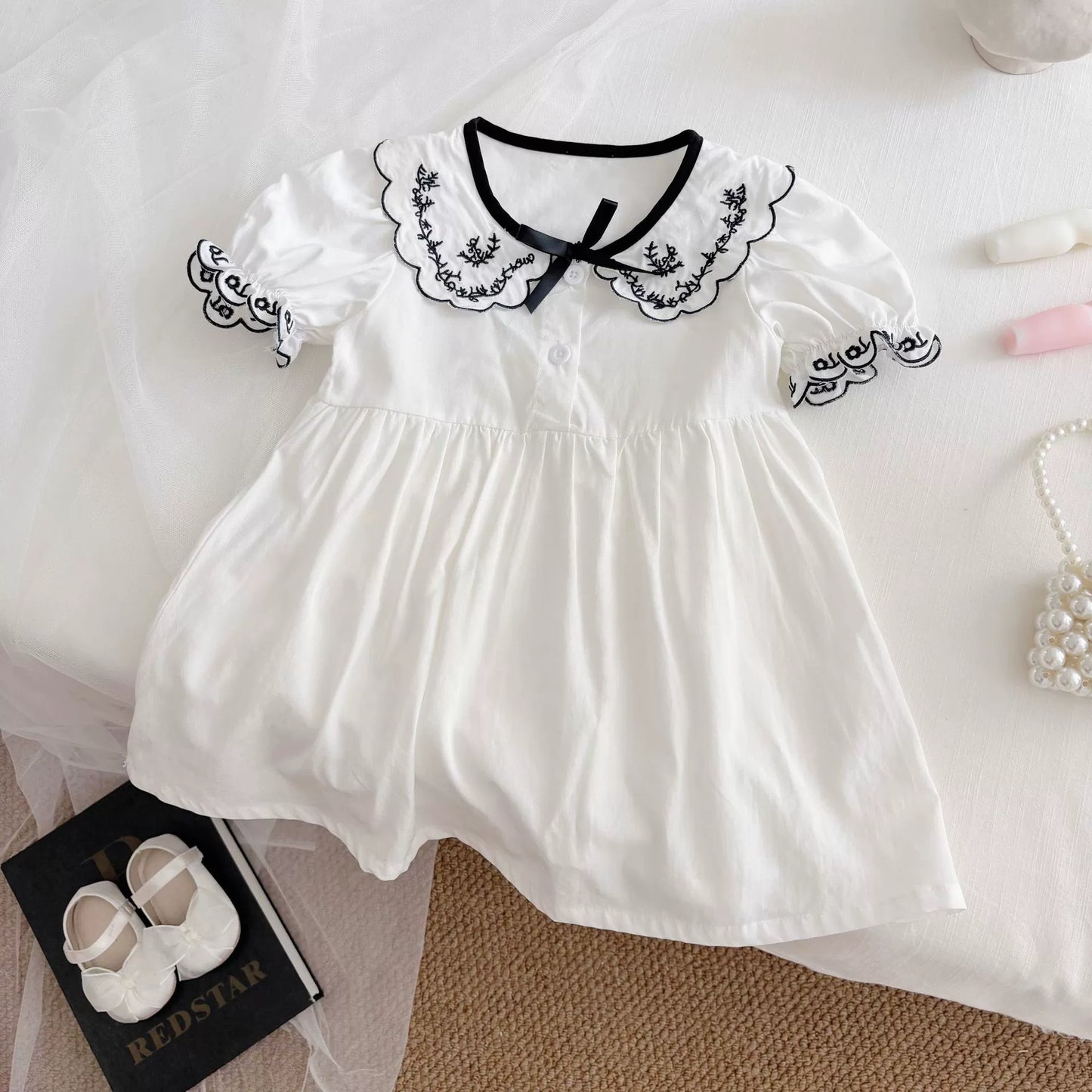 Summer Arrival Baby Girl Vintage Short Sleeves Dress with Flowers Embroidered Collar, MyKids-USA®, Baby & Toddler Dresses, MyKids-USA - - - - - - -