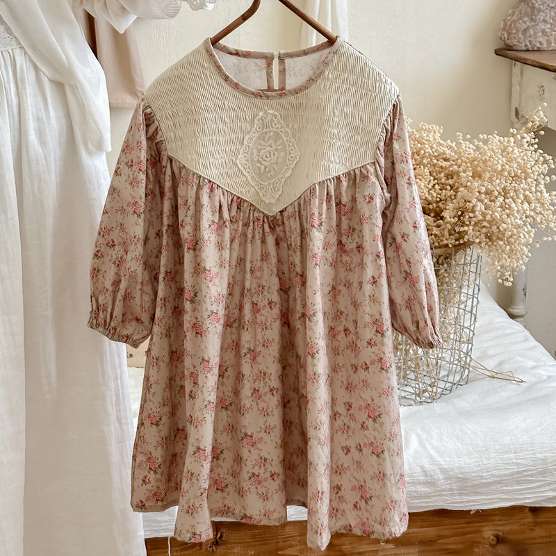 Design Autumn Girls Fashion Floral Long Puff Sleeves Crew Neck Dress, MyKids-USA®, Baby & Toddler Dresses, MyKids-USA - - - - - - -