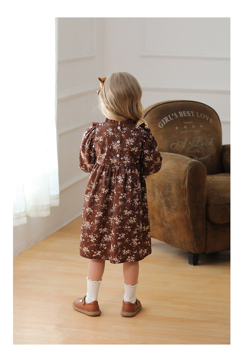 Design Autumn Girls Vintage Floral Long Puff Sleeves Ruffle Neck Dress, MyKids-USA®, Baby & Toddler Dresses, MyKids-USA - - - - - - -