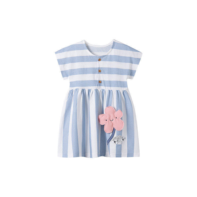 Summer Arrival Flowers Pattern Short Sleeves Striped Dress for Stylish Girls, MyKids-USA®, Baby & Toddler Dresses, MyKids-USA - - - - - - -