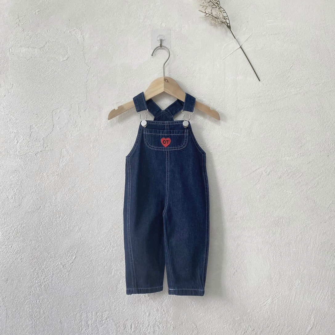 Summer Arrival Baby Kids Sleeveless Hearts Pattern Denim Overalls