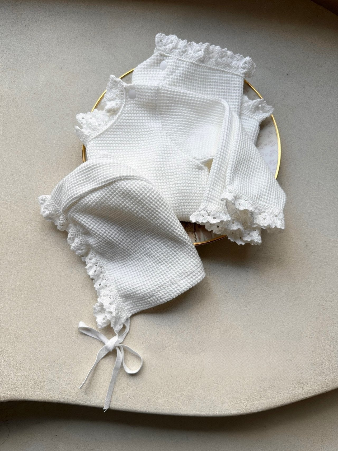 Baby Girls Pure Cotton Waffle Design Lace Collar Long Sleeves Onesie And Hat, MyKids-USA®, Baby One-Pieces, MyKids-USA - - - - - - -