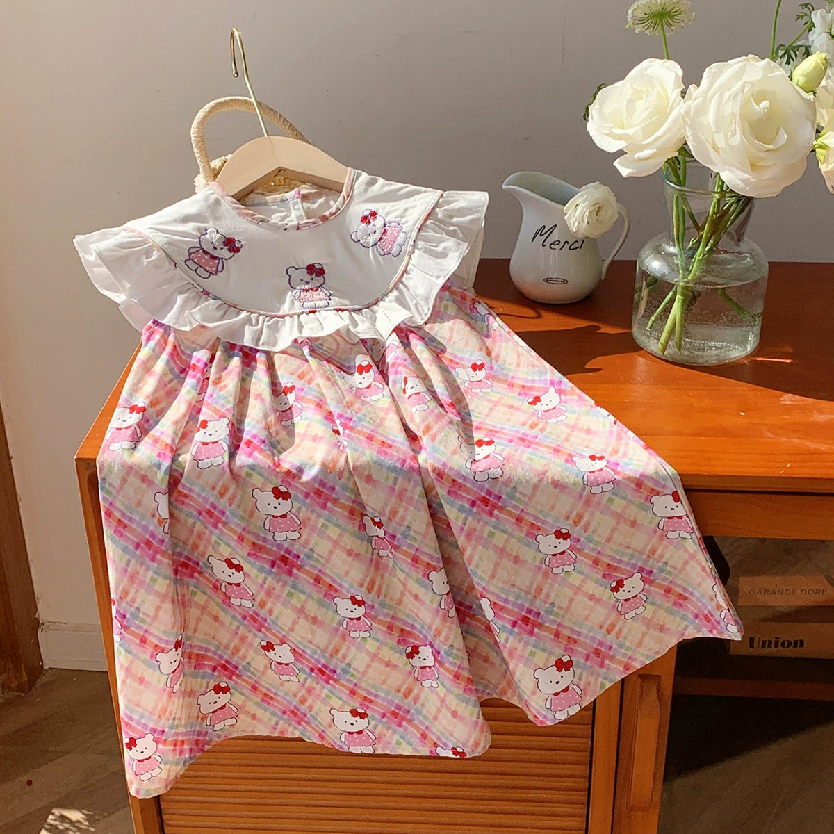 Summer Baby Kids Girls Sleeveless Teddy Pattern Embroidered Plaid Dress, MyKids-USA®, Baby & Toddler Dresses, MyKids-USA - - - - - - -