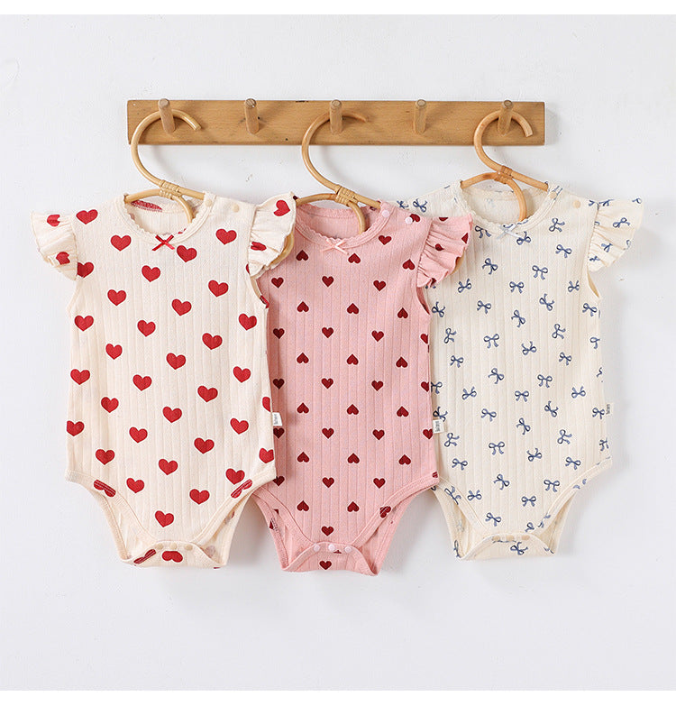 Summer Arrival Baby Unisex Crew Neck Fly Sleeves Hearts or Flowers Pattern Onesies Bodysuits, MyKids-USA®, Baby One-Pieces, MyKids-USA - - - - - - -
