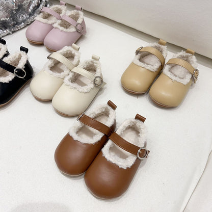 Ins Infant Baby Girl Solid Color Plush Warm Anti-Slip Shoes In Winter