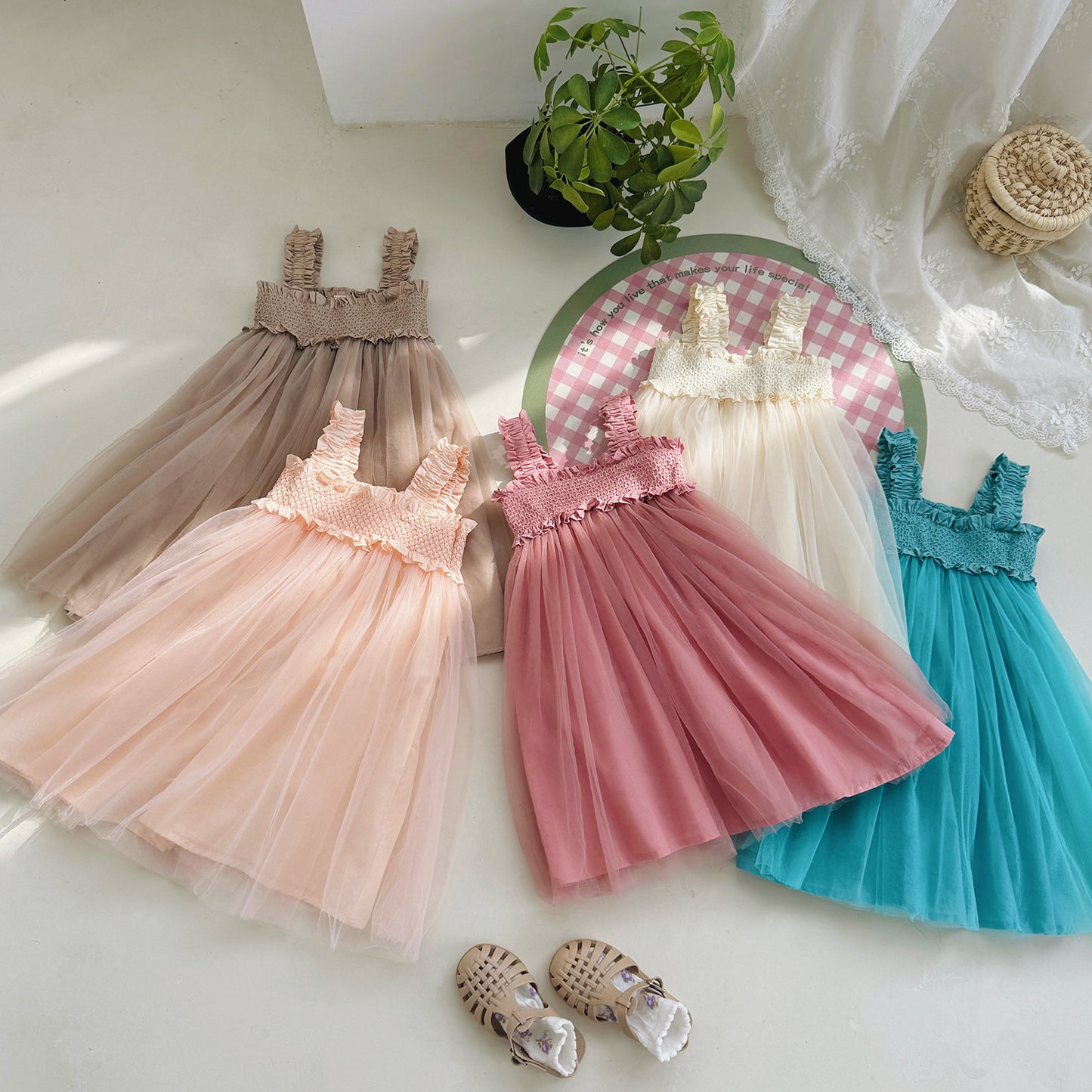 Summer Baby Kids Girls Sleeveless Solid Color Mesh Patchwork Design Off Shoulder Strap Dress, MyKids-USA®, Baby & Toddler Dresses, MyKids-USA - - - - - - -