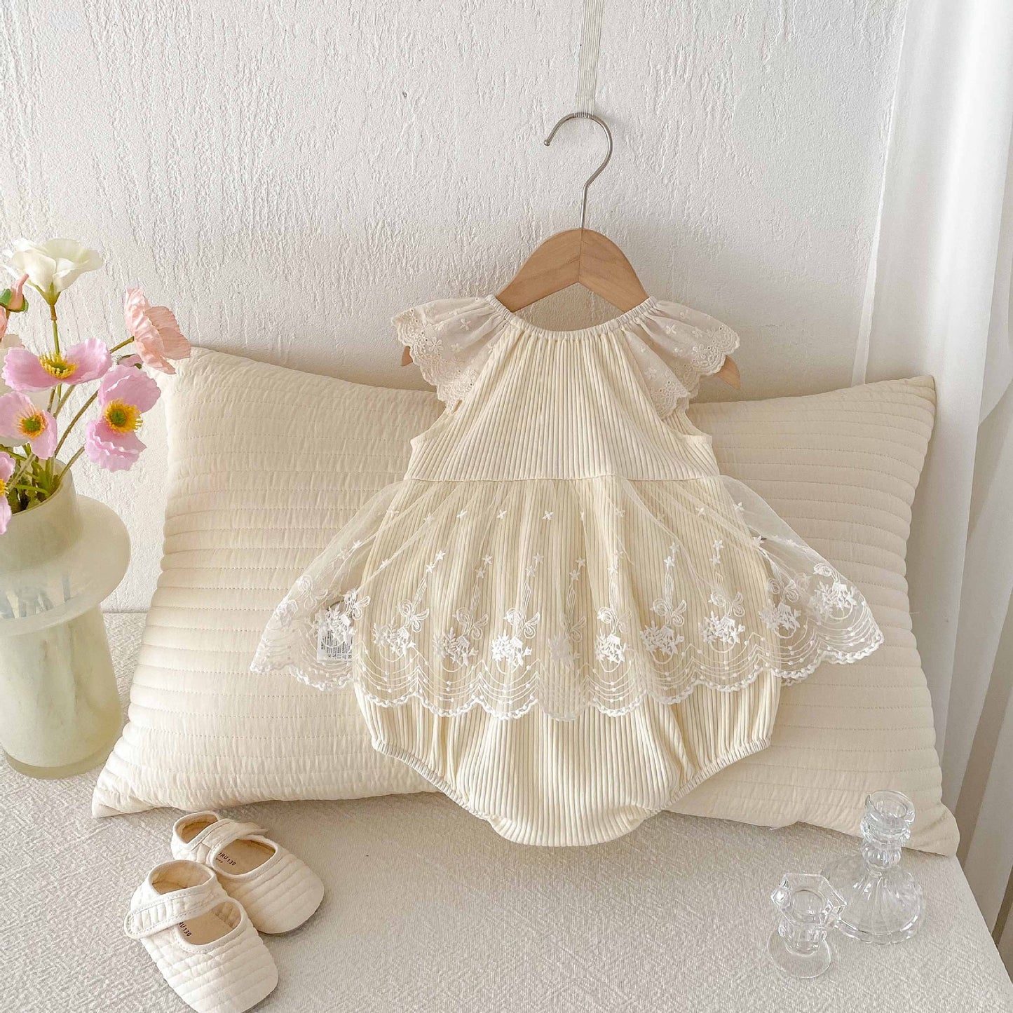 Summer Arrival Baby Girls Cute Apricot Fly Sleeves Flowers Pattern Tulle Patchwork Onesies, MyKids-USA®, Baby One-Pieces, MyKids-USA - - - - - - -