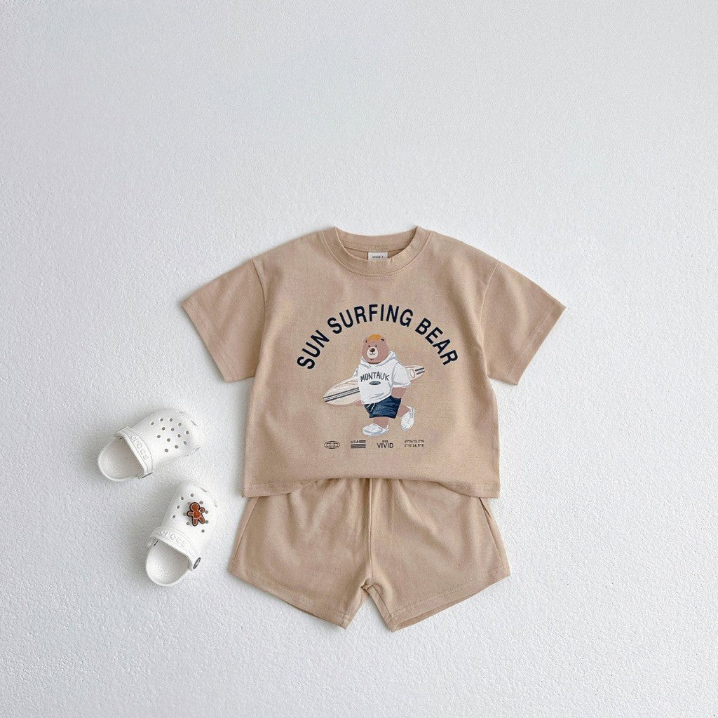 Summer Baby Kids Unisex Casual Letters and Teddy Bear Pattern Short Sleeves Top Shirt and Shorts Clothing Set, MyKids-USA®, Baby & Toddler Outfits, MyKids-USA - Size/Age - 66 (3-6M) - Color - Khaki - - - TR2505241637-B