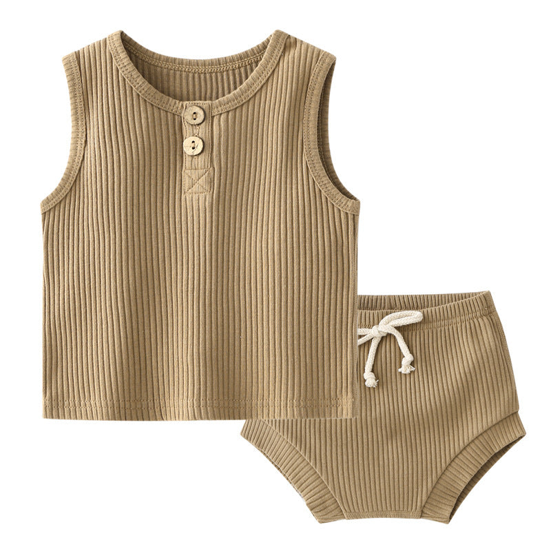 Baby Soft Cotton Sleeveless Vest With Shorts Sets, MyKids-USA®, Baby & Toddler Outfits, MyKids-USA - Size/Age - 66 (3-6M) - Color - Coffee - - - JM2306181750-B.