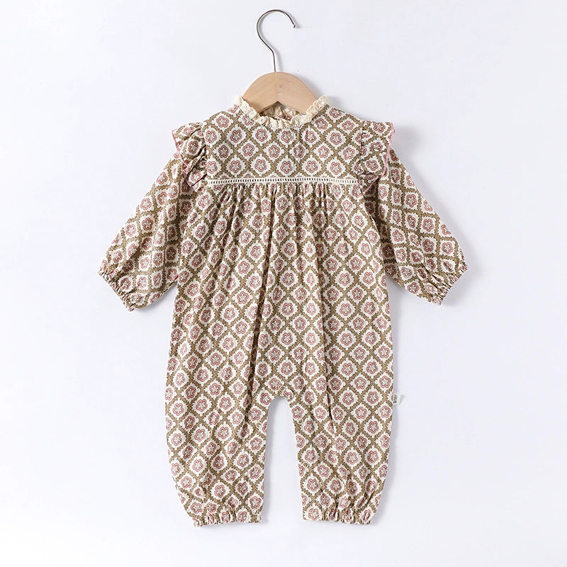 Autumn Arrival Baby Girls Long Sleeves Vintage Geometric and Flowers Pattern Rompers/Onesies, MyKids-USA®, Baby One-Pieces, MyKids-USA - Size/Age - 66 (3-6M) - Color - Coffee - - - TR2507141819-B