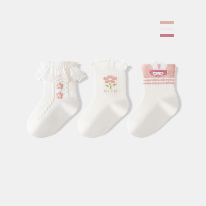 Autumn and Spring Baby Girls Breathable Cartoon Pattern Socks 1 Lot=3-Pair Set, MyKids-USA®, Baby & Toddler Socks & Tights, MyKids-USA - Size/Age - XS (0-6M) - Color - White - - - TR2601231630-E.