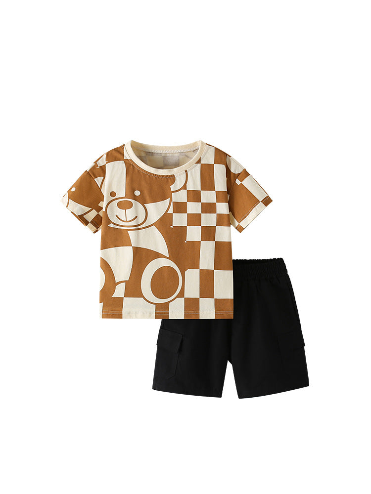 Summer Baby Kids Casual Teddy Bear and Plaid Pattern T-shirt and Shorts Clothing Set for Boys, MyKids-USA®, Baby & Toddler Outfits, MyKids-USA - - - - - - -