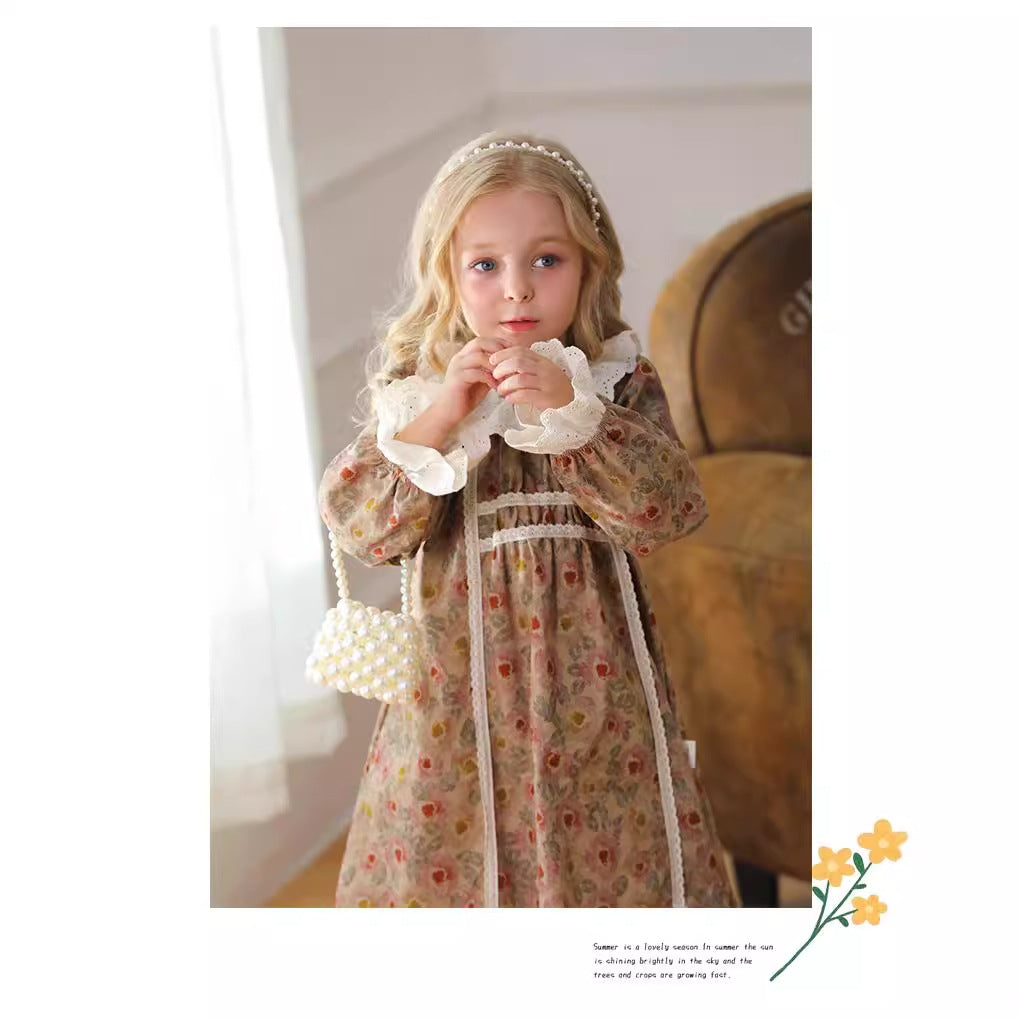 Design Autumn Girls Vintage Floral Ruffle Collar Long Sleeves Dress, MyKids-USA®, Baby & Toddler Dresses, MyKids-USA - - - - - - -