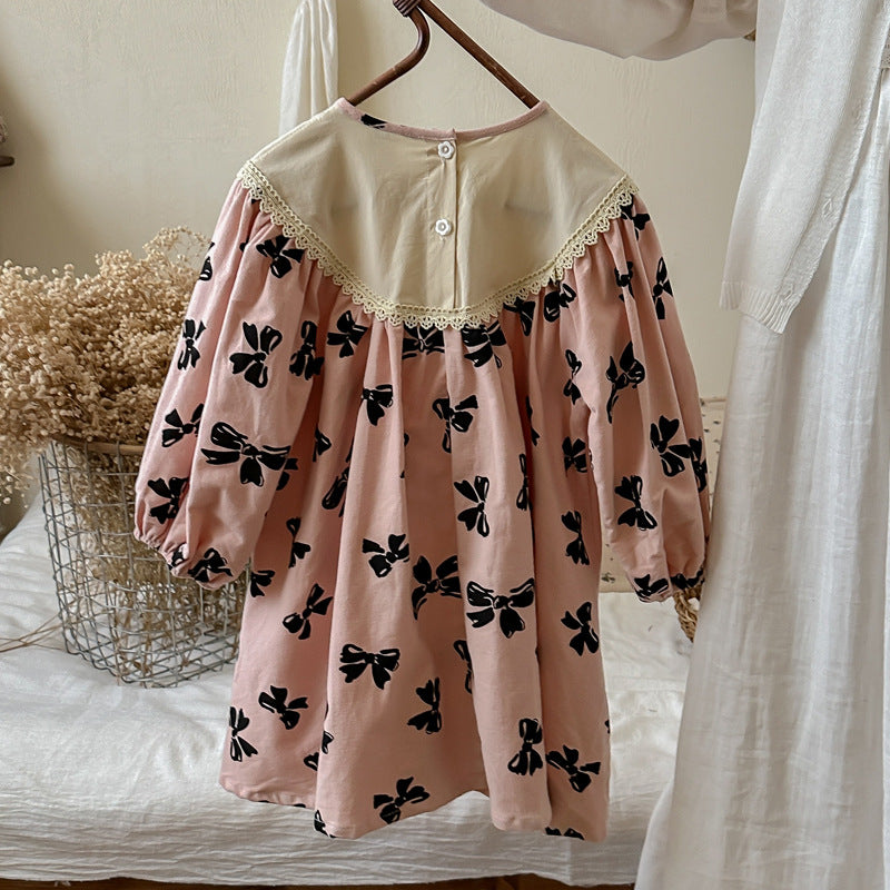 Arrival Autumn Girls Butterfly-bows Pattern Long Sleeves Dress with Embroidery Collar, MyKids-USAยฎ, Baby & Toddler Dresses, MyKids-USA - - - - - - -