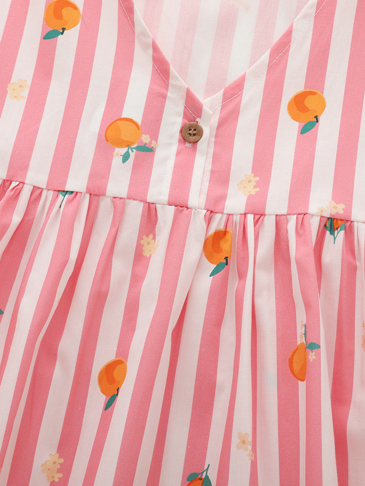 Summer Hot Selling Cute Fruits and Striped Pattern Short Sleeves Dress for Stylish Girls