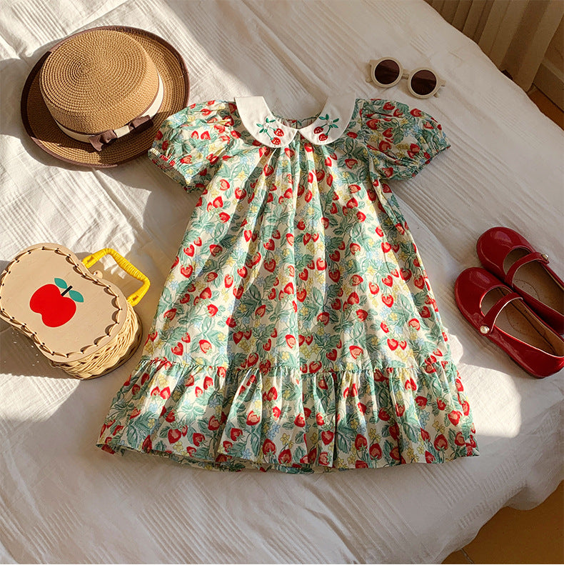 Summer Arrival Baby Kids Girls Cute Short Sleeves Strawberry Pattern Printed Dress 90 (12-24M) / Colorful
