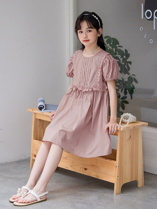 Hot Selling Summer Kids Girls Simple Style Solid Color Plain Cotton Short Sleeves Hollow Out Trim Dress, MyKids-USA®, Baby & Toddler Dresses, MyKids-USA - - - - - - -