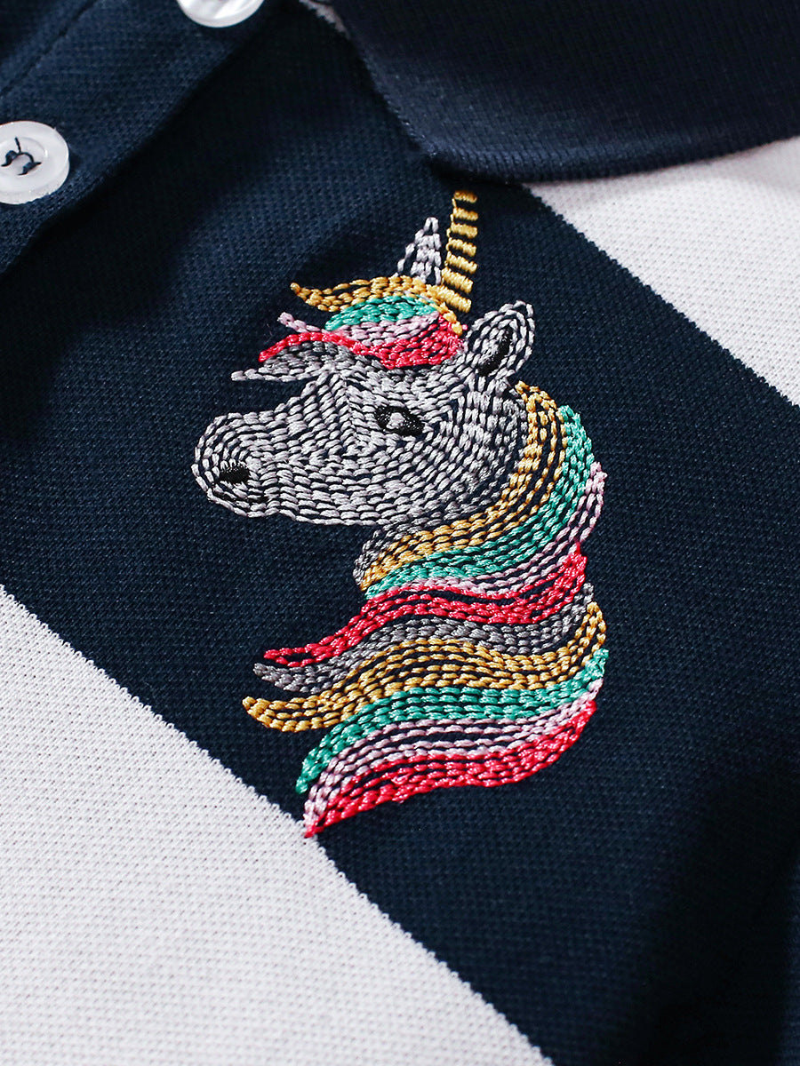 Summer Unicorn Logo Short-sleeved Striped Dress with Crew Neck for Stylish Girls, MyKids-USA®, Baby & Toddler Dresses, MyKids-USA - - - - - - -