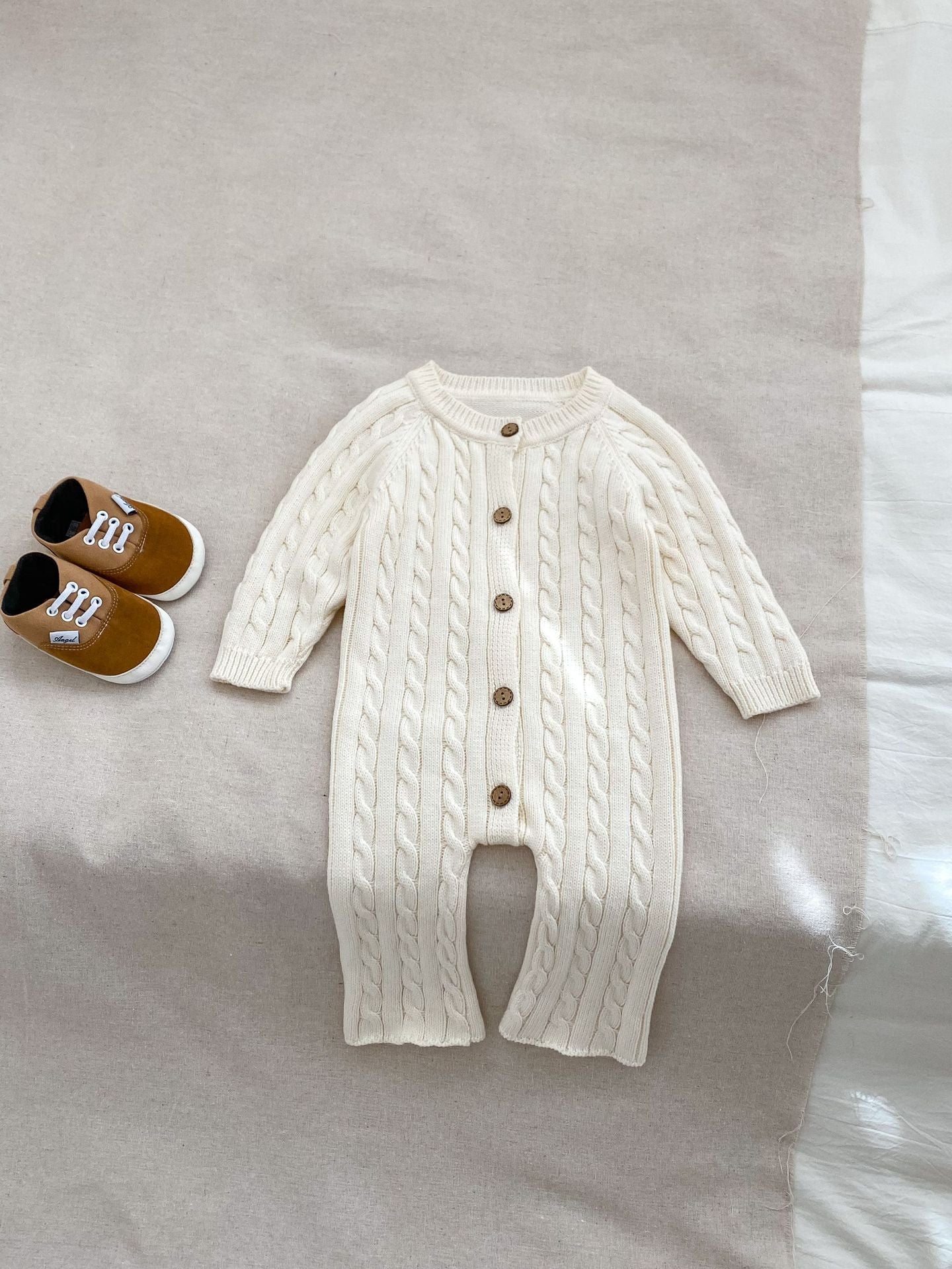Autumn Arrival Baby Unisex Solid Color Long Sleeves Jacquard Crew Neck Knitted Romper, MyKids-USA®, Baby & Toddler Outerwear, MyKids-USA - Size/Age - 66 (3-6M) - Color - White - - - TR2408230939-C
