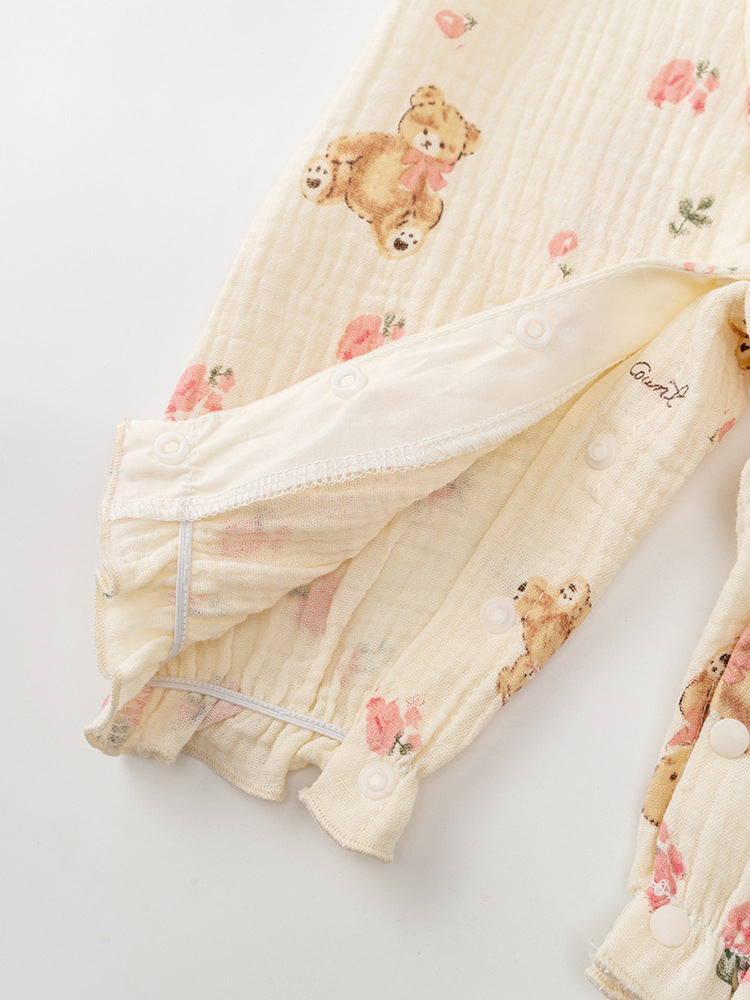 Autumn Arrival Baby Girls Flowers and Teddy Pattern Butterfly Bows Attached Romper, MyKids-USA®, Baby One-Pieces, MyKids-USA - - - - - - -