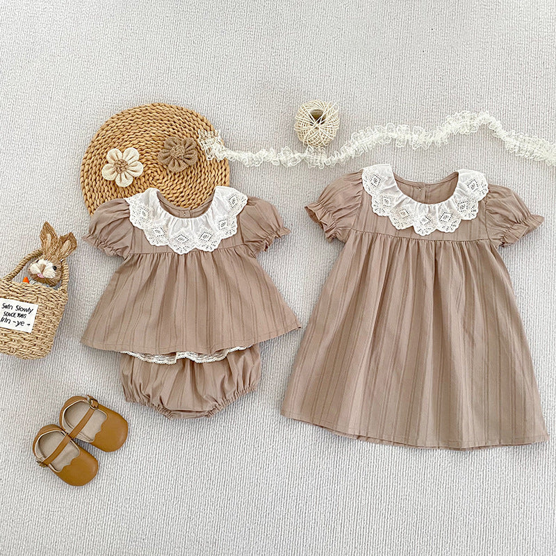 Design Summer Baby Kids Girls Floral Pattern Lace Short Sleeves Dress and Bloomers Princess Sister Matching Set 80 (9-12M) / Khaki Design Summer Baby Kids Girls Floral Pattern Lace Short Sleeves Dress and Bloomers Princess Sister Matching Set 80 (9-12M) / Khaki