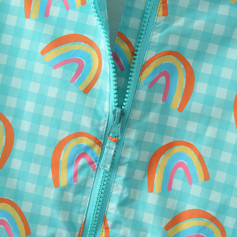 Arrival European and American Style Girls’ Hooded Zip-up Rainbows and Plaid Pattern Coat with Long Sleeves, MyKids-USA®, Rain Coats, MyKids-USA - - - - - - -