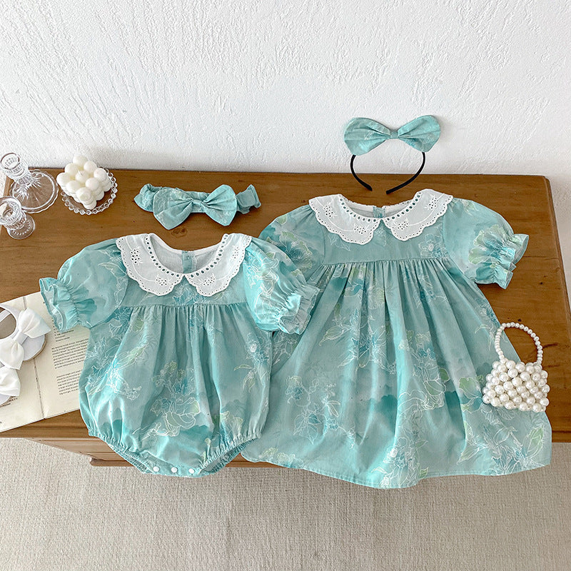 Design Summer Girls Flowers Pattern Short Sleeves Hollow Out Collar Onesies And Dress – Sister Matching Clothing Set, MyKids-USA®, Baby & Toddler Outfits, MyKids-USA - - - - - - -