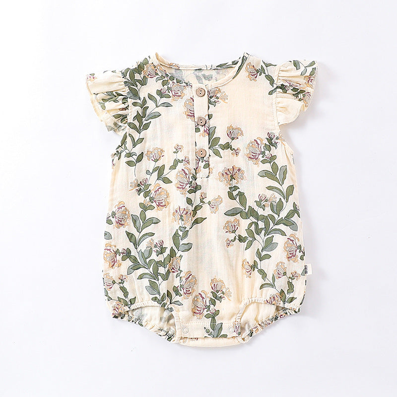 Summer Arrival Baby Girls Plain Floral Print Fly Sleeves Crew Neck Onesies, MyKids-USA®, Baby One-Pieces, MyKids-USA - Size/Age - 66 (3-6M) - Color - Gold - - - TR2404131045-B