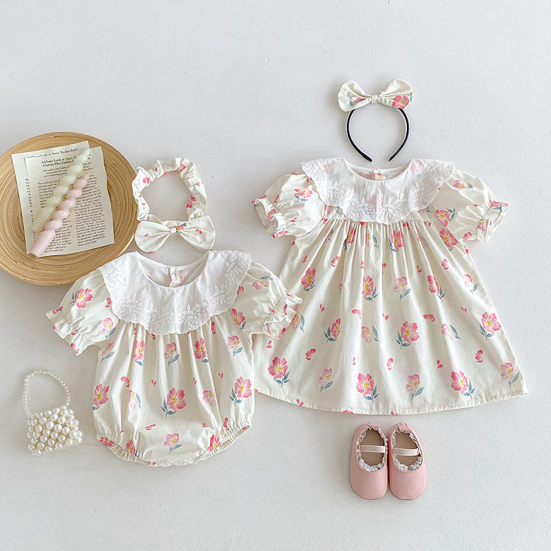 Summer Girls Flowers Pattern Short Sleeves Embroidery Collar Onesies And Dress – Sister Matching Clothing Set, MyKids-USA®, Baby & Toddler Outfits, MyKids-USA - - - - - - -