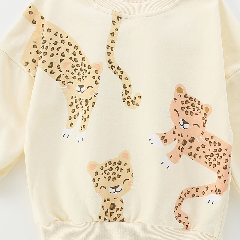 Spring and Autumn Kids Girls Casual Leopard Pattern Top and Plain Pants Clothing Set, MyKids-USA®, Baby & Toddler Outfits, MyKids-USA - - - - - - -
