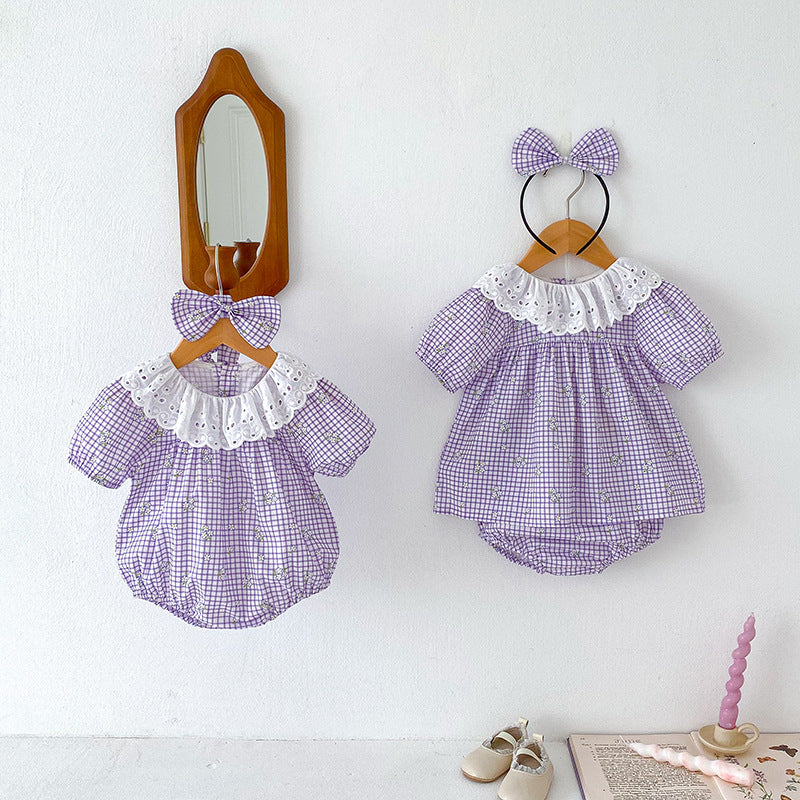 Summer Girls Plaid Design Flowers Pattern Short Sleeves Hollow Out Collar Onesies And Clothing Set – Sister Matching Clothing Set, MyKids-USA®, Baby & Toddler Outfits, MyKids-USA - - - - - - -