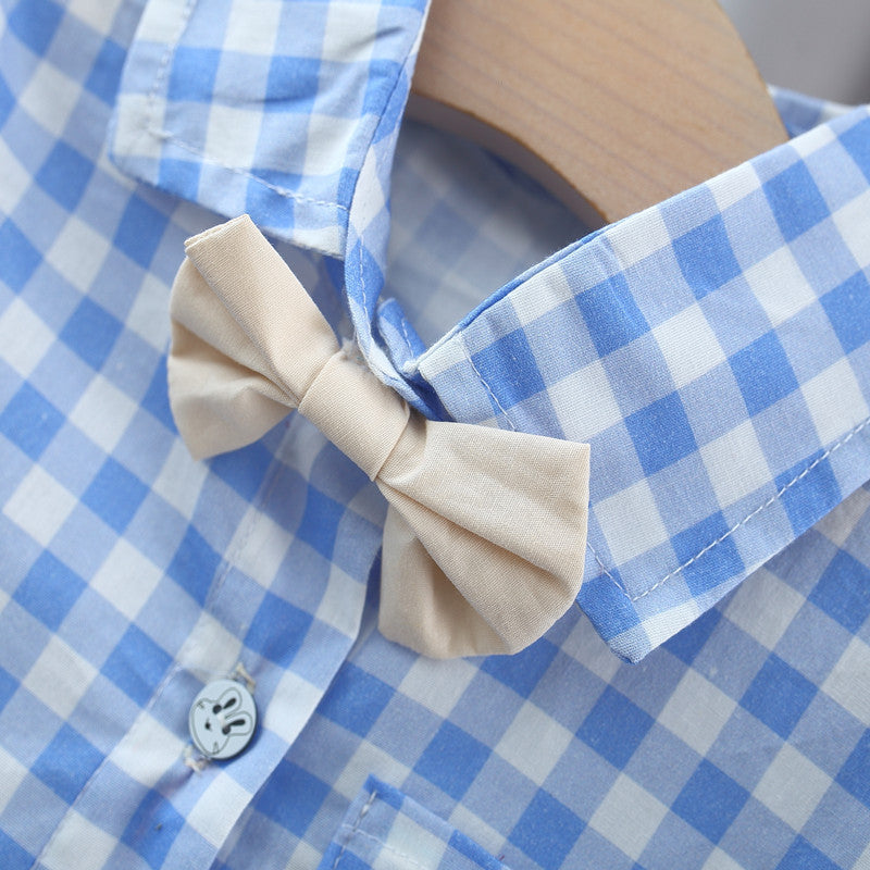 Summer Baby Kids Boys Blue Plaid Pattern Turn-Down Collar Short Sleeves Shirt And Solid Color Shorts English Clothing Set, MyKids-USA®, Baby & Toddler Outfits, MyKids-USA - - - - - - -