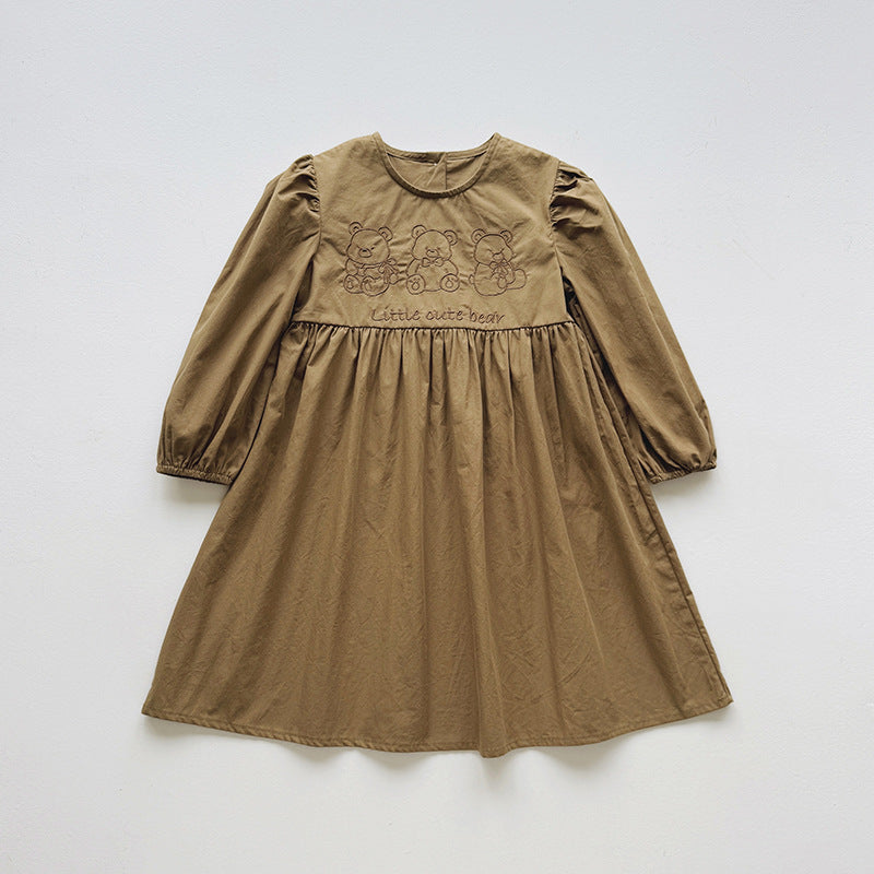 Baby Kids Girls Teddy Bear and Letters Pattern Long Sleeves Crew Neck Dress, MyKids-USA®, Baby & Toddler Dresses, MyKids-USA - Size/Age - 90 (12-24M) - Color - Khaki - - - TR2509102304-B