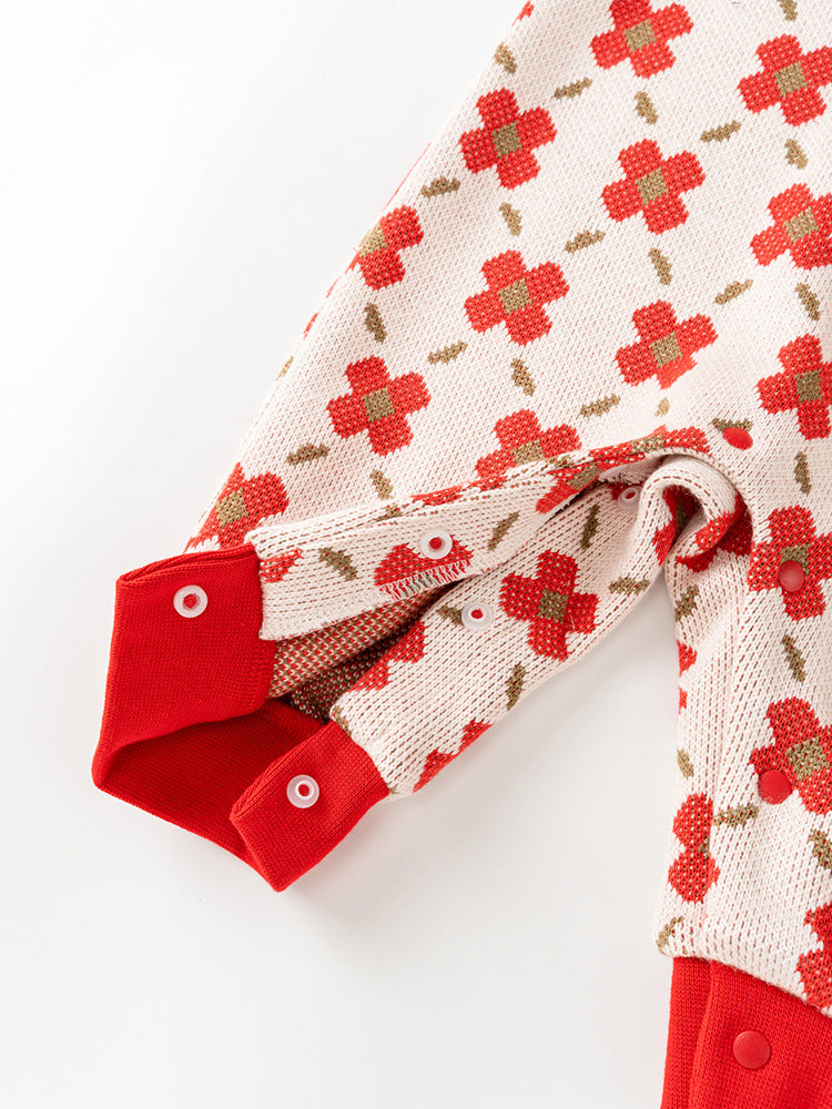 Spring Baby Girl Red Floral Knitted Home Clothes Crew Neck Romper, MyKids-USA®, Baby One-Pieces, MyKids-USA - - - - - - -