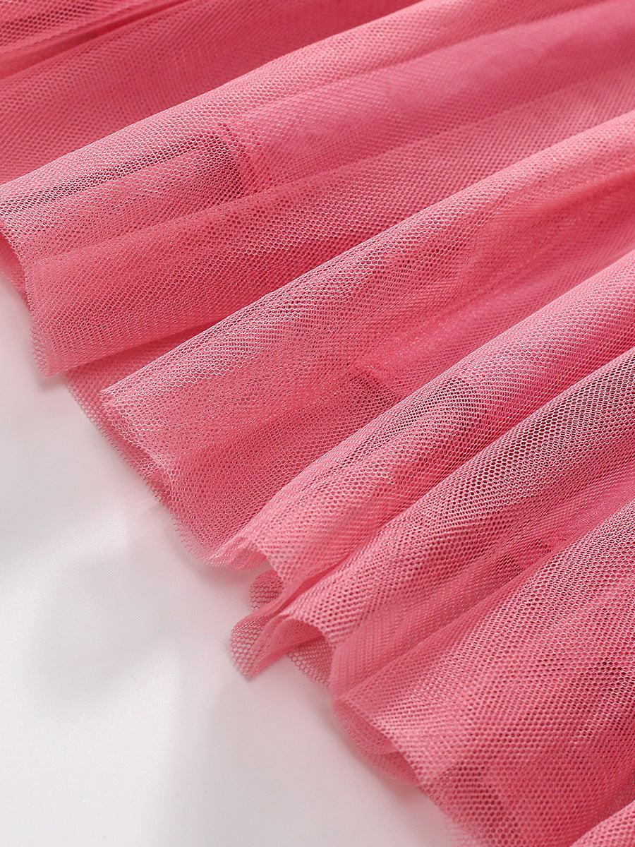 Design Autumn Girls Flowers Pattern Crew Neck Long Sleeves Pink Tulle Patchwork Princess Dress, MyKids-USA®, Baby & Toddler Dresses, MyKids-USA - - - - - - -