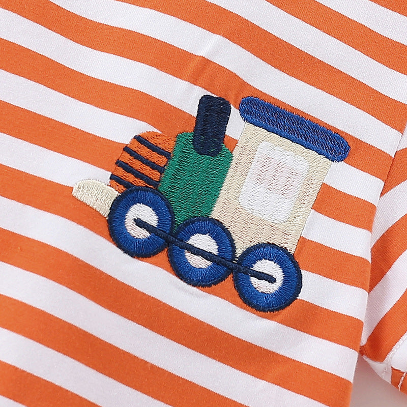Summer Boys’ Train Embroidered Pattern Striped T-shirt in European and American Style, MyKids-USA®, Baby & Toddler Tops, MyKids-USA - - - - - - -