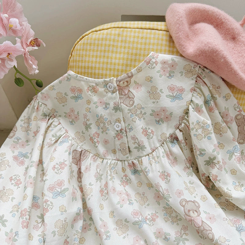Arrival Autumn Girls Flowers and Teddy Bears Pattern Long Sleeves Dress, MyKids-USA®, Baby & Toddler Dresses, MyKids-USA - - - - - - -