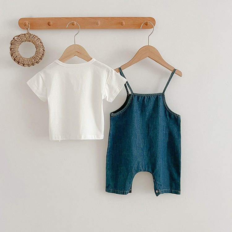 Summer Baby Kids Unisex Solid Color Short Sleeves White T-Shirt And Denim Overalls Romper – Baby Clothing Set, MyKids-USA®, Baby & Toddler Outfits, MyKids-USA - - - - - - -