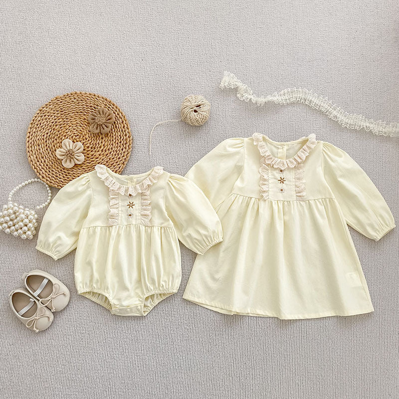 Autumn Baby Girls French Style Flowers Embroidered Pattern Long-sleeved Onesies and Dress – Princess Sister Matching Set, MyKids-USA®, Baby & Toddler Outfits, MyKids-USA - - - - - - -