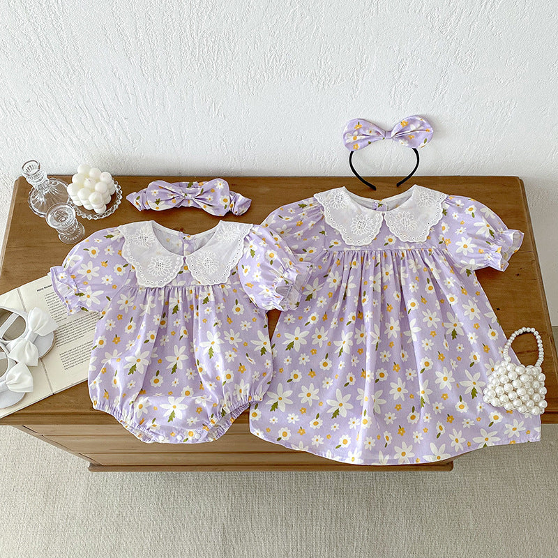Summer Girls Flowers Pattern Short Sleeves Embroidery Collar Onesies And Dress – Sister Matching Clothing Set, MyKids-USA®, Baby & Toddler Outfits, MyKids-USA - - - - - - -