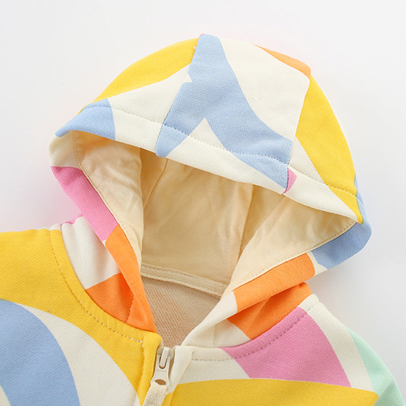 European and American Style Girls’ Hooded Zip-up Color Patchwork Coat with Long Sleeves, MyKids-USA®, Baby & Toddler Outerwear, MyKids-USA - - - - - - -