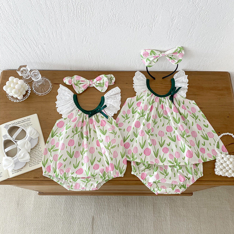 Summer Girls Flowers Pattern Sleeveless Hollow Out Lace Strap Onesies And Clothing Set – Sister Matching Clothing Set, MyKids-USA®, Baby & Toddler Outfits, MyKids-USA - - - - - - -