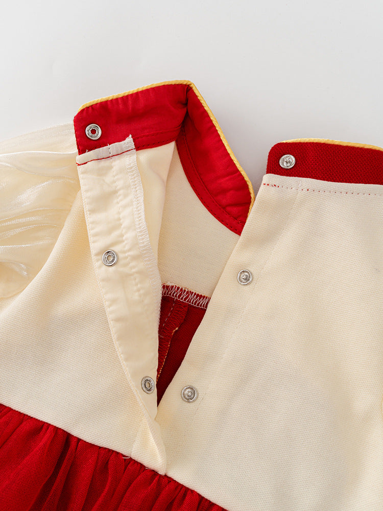 Autumn Tulle Dress Design Baby Girls Color Patchwork Long Sleeves Onesies with Stand Collar and Butterfly Bows, MyKids-USA®, Baby & Toddler Dresses, MyKids-USA - - - - - - -