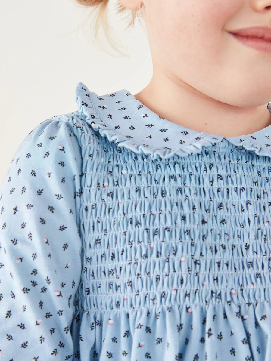 Design Autumn Girls Little Flowers Pattern Peter Pan Collar Long Sleeves Blue Dress, MyKids-USA®, Baby & Toddler Dresses, MyKids-USA - - - - - - -