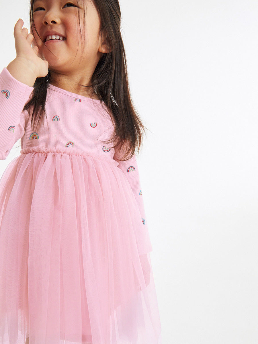 Arrival Autumn Girls Rainbows Print Crew Neck Long Sleeves Tulle Patchwork Princess Dress, MyKids-USA®, Baby & Toddler Dresses, MyKids-USA - - - - - - -